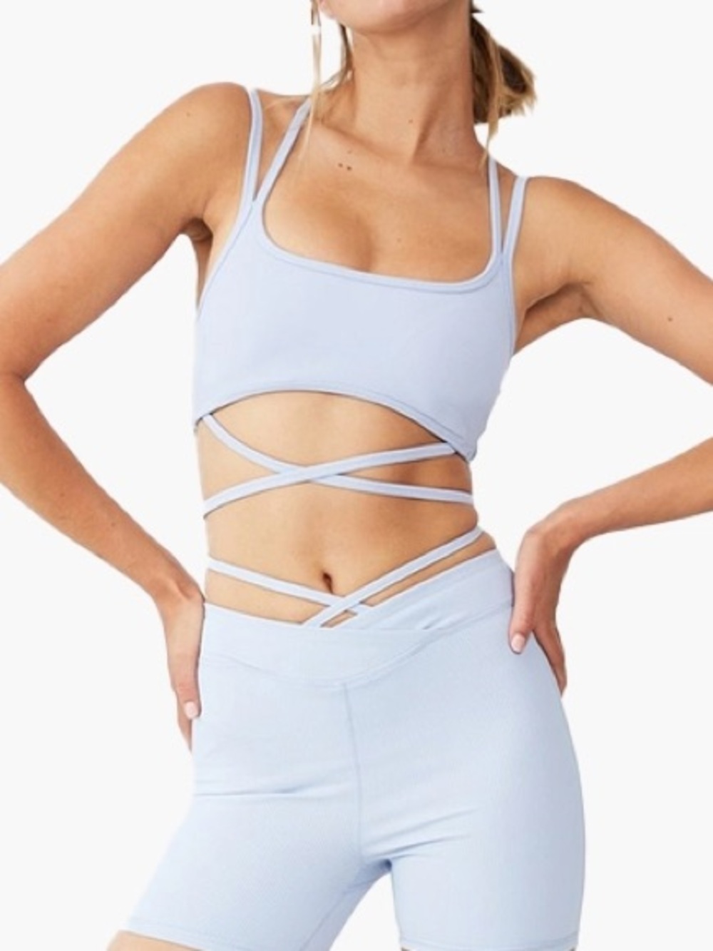 Cotton On Body Ribbed Wrap Waist Cropped Active Top Baby Blue Medium